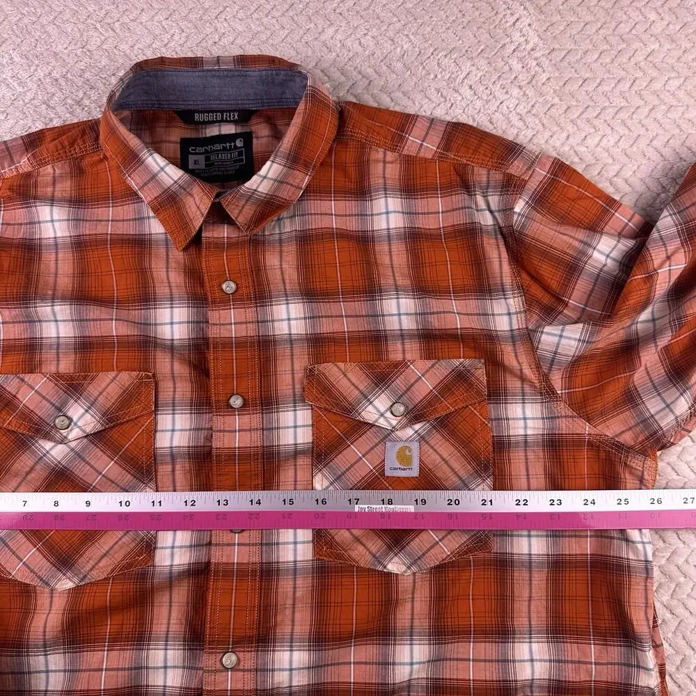 Carhartt Men’s‎ XL Pearl Snap Orange Plaid Relaxed Fit Rugged Flex
